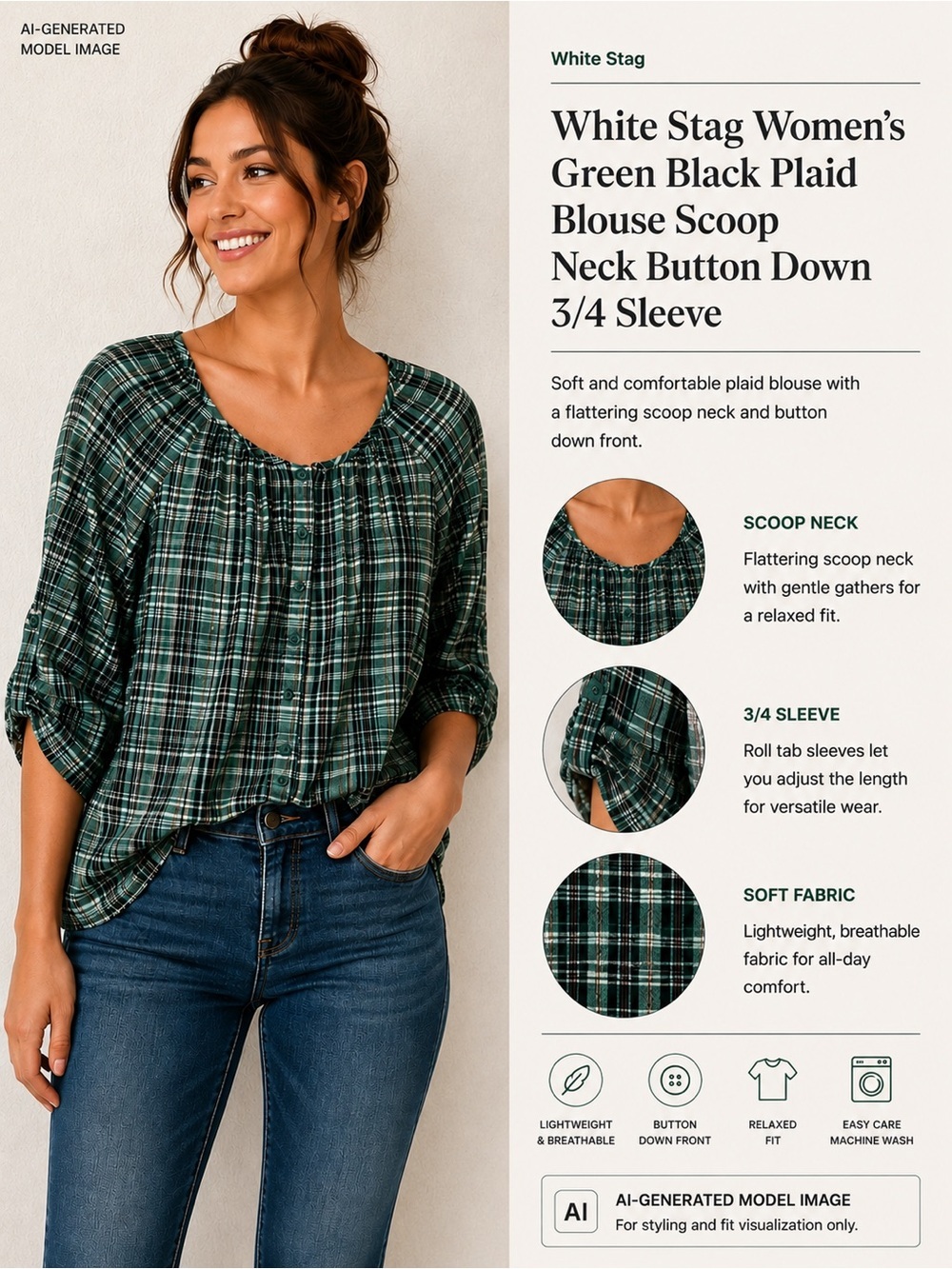 White Stag Women’s Green Black Plaid Blouse Scoop Neck Button Down 3/4 Sleeve